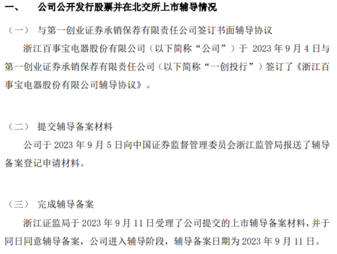 Kaiyun 开云体育百事宝向浙江监管局报送的向不特定合格者公开发行并在北京证券交易所上市的辅导备案申请材料已受理