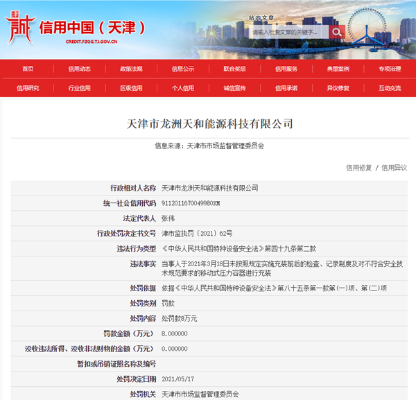 龙洲股份子公司天津龙洲天和能源遭罚8万元 违Kaiyun 开云规充装移动式压力容器